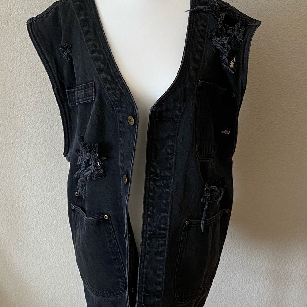 Oversized Distressed Black Denim Vest